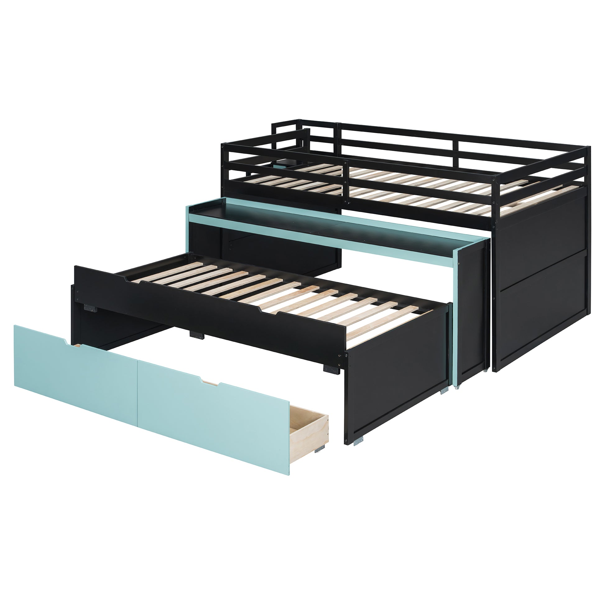 Full XL Loft Bed with Pull-Out Desk and Twin Trundle, Multi-Functional Bunk Bed with 2 Storage Drawers and Storage Steps, Space-Saving Gaming & Workstation Bedframe, Black+Blue image 11