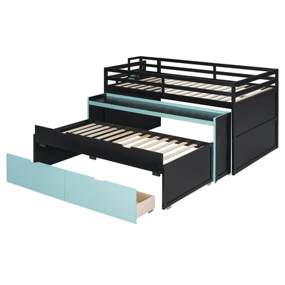 Full XL Loft Bed with Pull-Out Desk and Twin Trundle, Multi-Functional Bunk Bed with 2 Storage Drawers and Storage Steps, Space-Saving Gaming & Workstation Bedframe, Black+Blue image 11