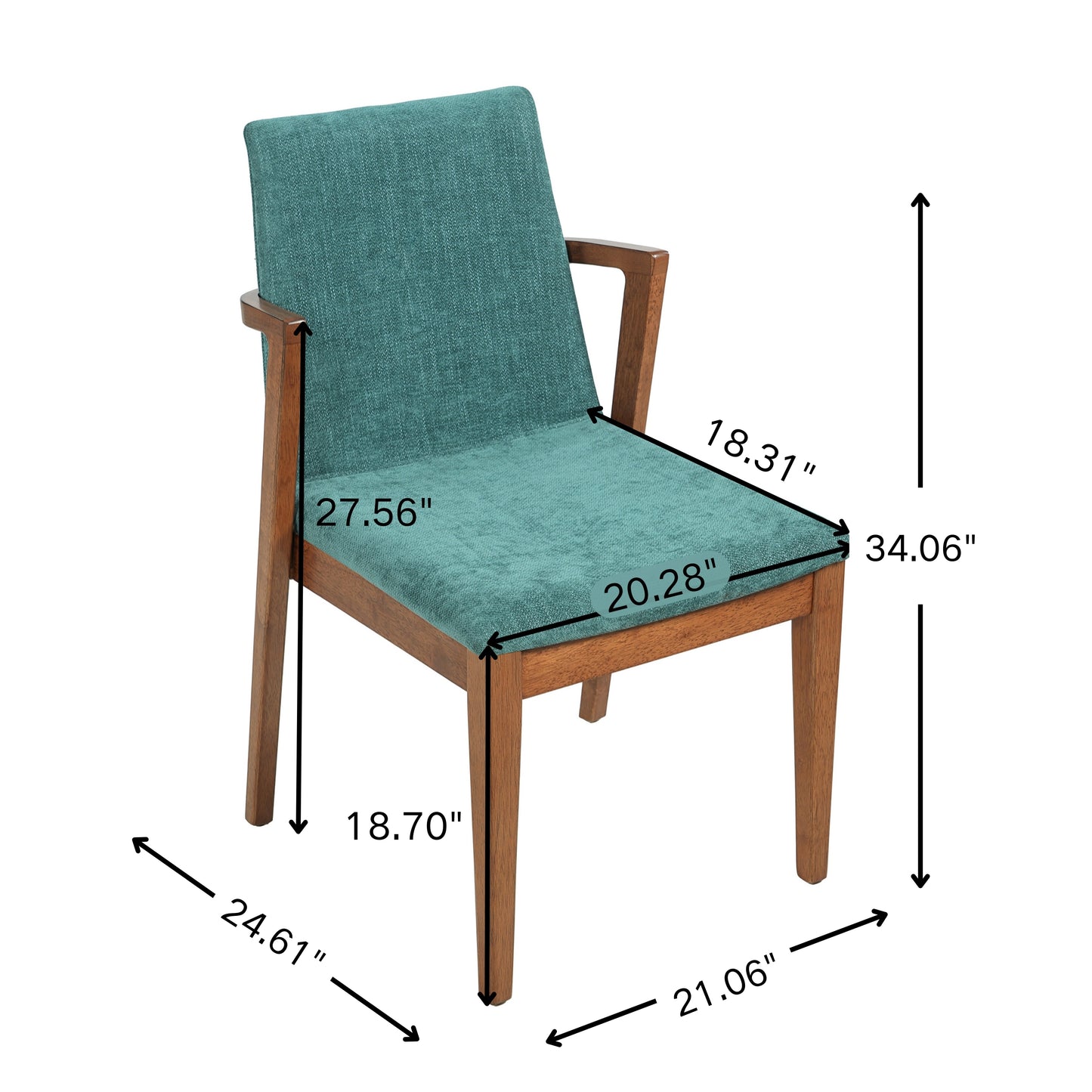 Mid-Century Modern Dining Chairs Set of 2 - Green Fabric Upholstered Armchairs with Walnut Color Rubber Wood Frame, 250lbs Capacity for Kitchen & Dining Room image 3