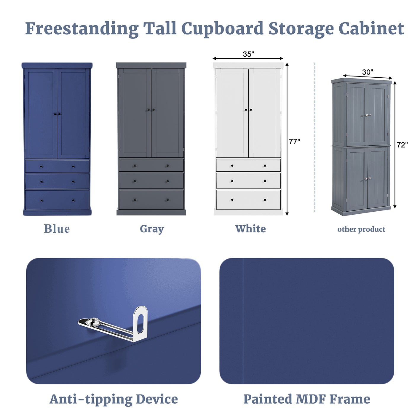[Assembly Video Provided]TOPMAX 77inch Farmhouse Kitchen Pantry, Freestanding Tall Cupboard Storage Cabinet with 3 Adjustable Shelves, 8 Door Shelves, 3 Drawers for Kitchen, Dining Room, Blue image 6