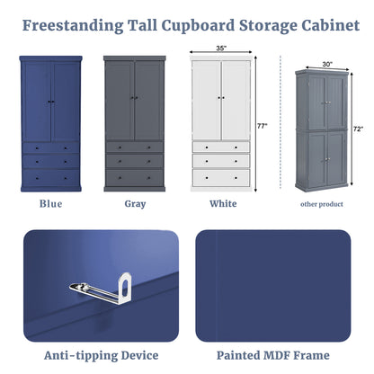 [Assembly Video Provided]TOPMAX 77inch Farmhouse Kitchen Pantry, Freestanding Tall Cupboard Storage Cabinet with 3 Adjustable Shelves, 8 Door Shelves, 3 Drawers for Kitchen, Dining Room, Blue image 6