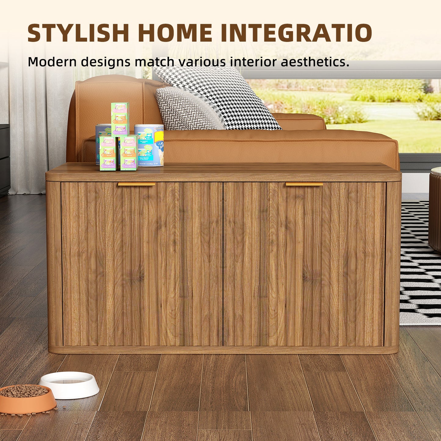 31.5" Walnut Cat Litter Box Enclosure Furniture, Large Decorative Hidden Litter Box Cabinet, Fluted Mid Century Modern Kitty End Table for Living Rooms, Bedrooms, Entryways (WALNUT) image 4