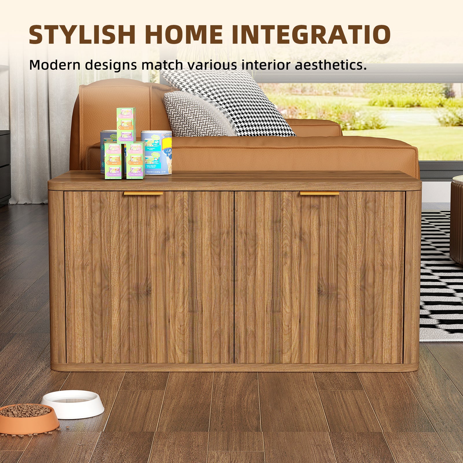 31.5" Walnut Cat Litter Box Enclosure Furniture, Large Decorative Hidden Litter Box Cabinet, Fluted Mid Century Modern Kitty End Table for Living Rooms, Bedrooms, Entryways (WALNUT) image 4