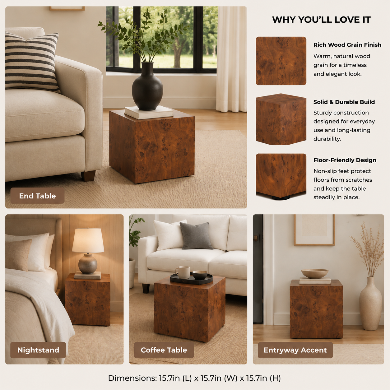 Premium Burl Walnut Veneer MDF Cube Table, Height Adjustable Multi-purpose Coffee Side End Table for Living Room, 15.7"×15.7"×15.7", No Extra Items Included image 6
