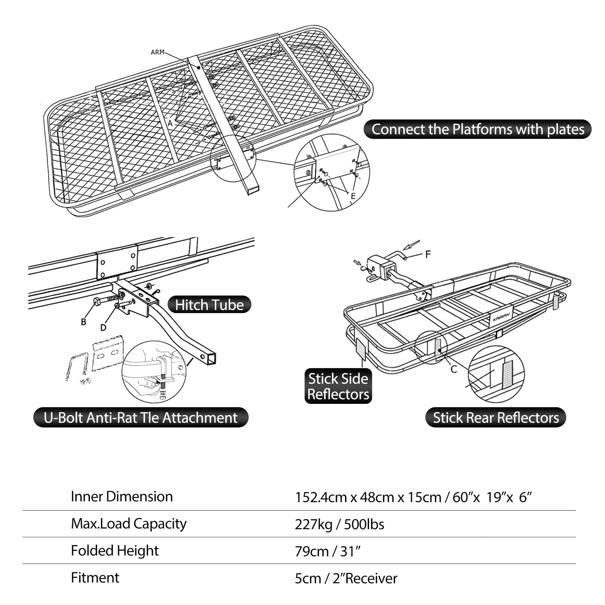 Heavy Duty Folding Hitch mount Cargo Carrier Load Capacity 500Lbs 60"(L)X 20"(W)X 6"(H) Trailer Fold up Luggage Basket with Stablizer Waterproof Bag Net Ratchet Straps Combination Lock for SUV Pickup image 7