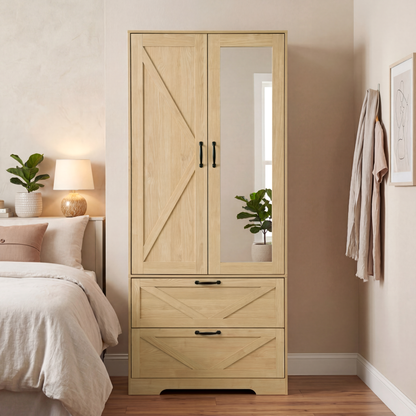2 Door Wood Wardrobe for Bedroom with Hanging Clothing Rod inside the Cabinet and 2 Drawers for Storage Organization, Built-in induction light Multifunctional Closet with Mirror, Natural image 1