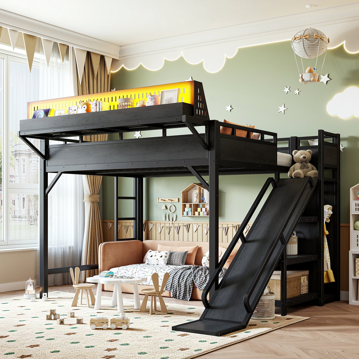 Queen Size Loft Bed with Slide, Storage Shelves and Built-in Wardrobe, Metal Loft Bed Frame with USB Ports and LED Lights, with Pegboard, Safety and Solid, Black image 2
