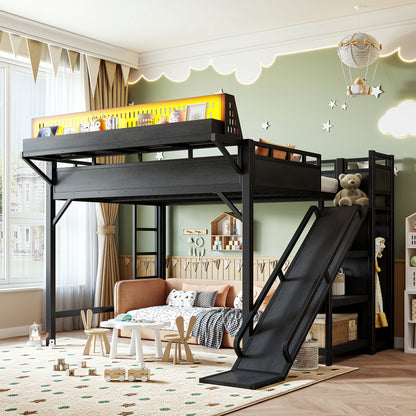Queen Size Loft Bed with Slide, Storage Shelves and Built-in Wardrobe, Metal Loft Bed Frame with USB Ports and LED Lights, with Pegboard, Safety and Solid, Black image 2