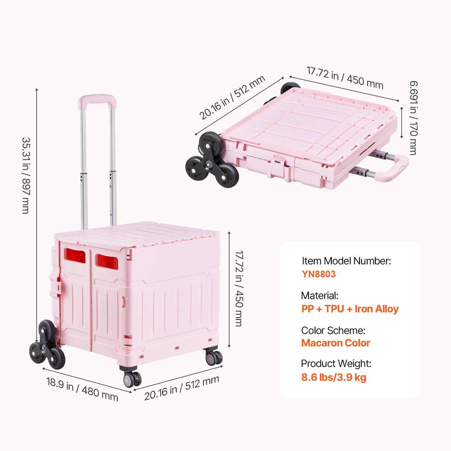Foldable Cart with Stair Climbing Wheels Collapsible Rolling Crate 65L image 3