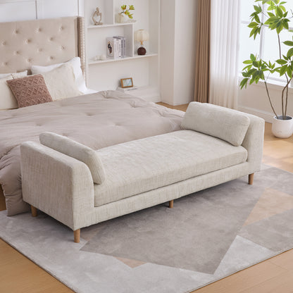 83.1"Wide Modern Upholstered End of Bed Bench with Armrests, Chenille Chaise Lounge Couch with 2 Bolster Pillows, Daybed with Rubberwood Legs For Living Room,Bedroom,Apartment,Guestroom, Beige image 1