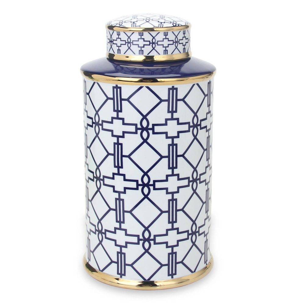 Elegant White Ceramic Ginger Jar with Blue Design - Stylish Home Decor