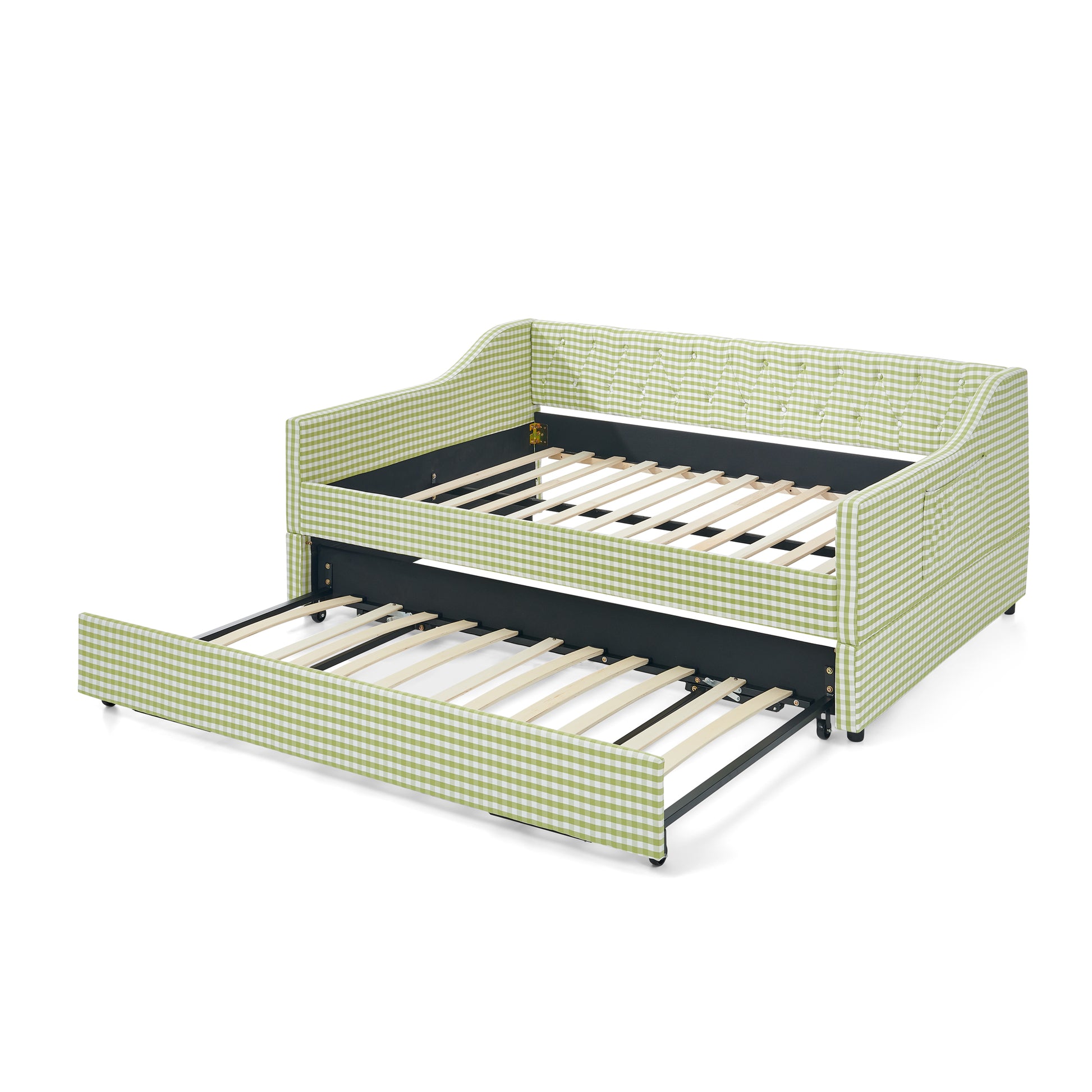 Full‑Size Daybed,Upholstered Convertible Daybed with Tufted Button Backrest, 3‑in‑1 Versatile Sofa Bed with Pull‑Out Trundle & Side Storage, Perfect for Compact Living-Green image 12