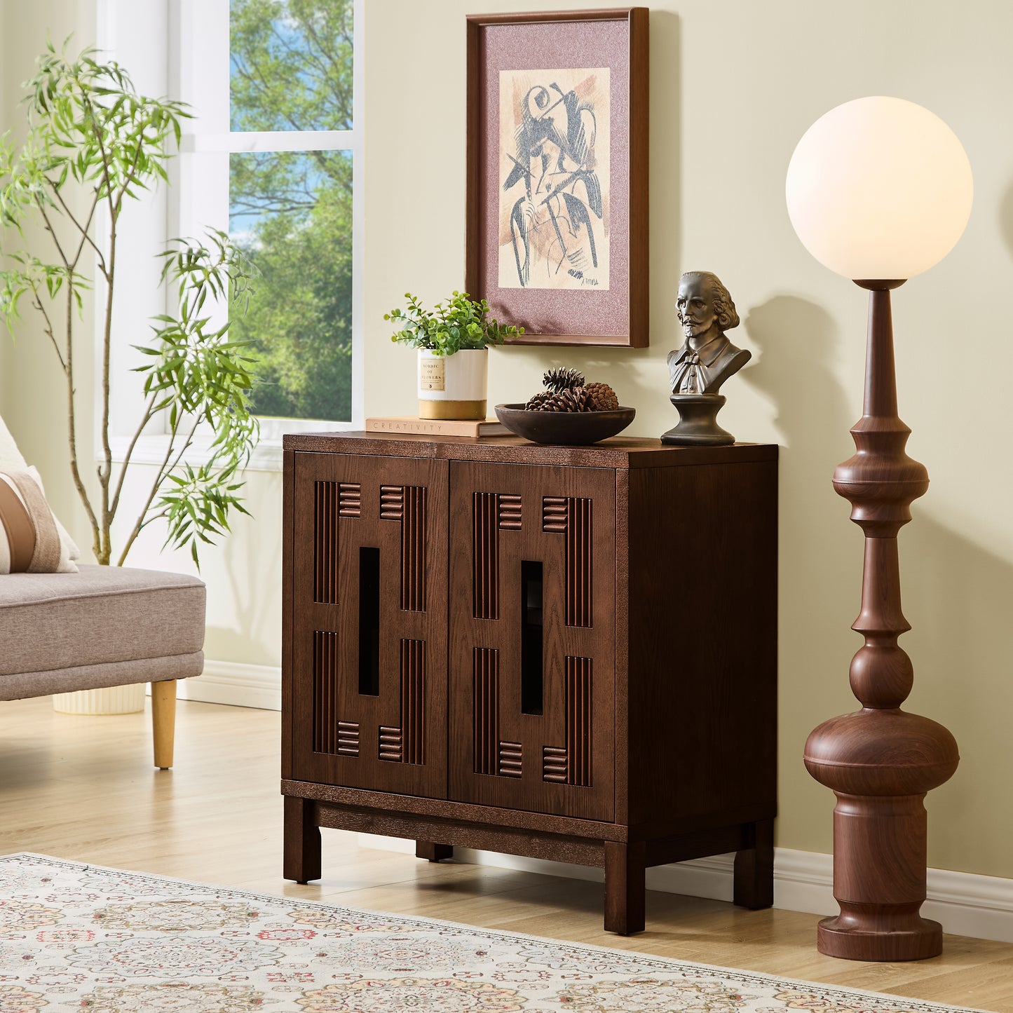 31.5" Mid Century Modern Sideboard Buffet Cabinet with Storage, Carved Openwork Design Display Cabinets, Storage Cabinet with 2 Doors & Adjustable Shelf for Kitchen Dining Living Room Entryway Hallway image 2
