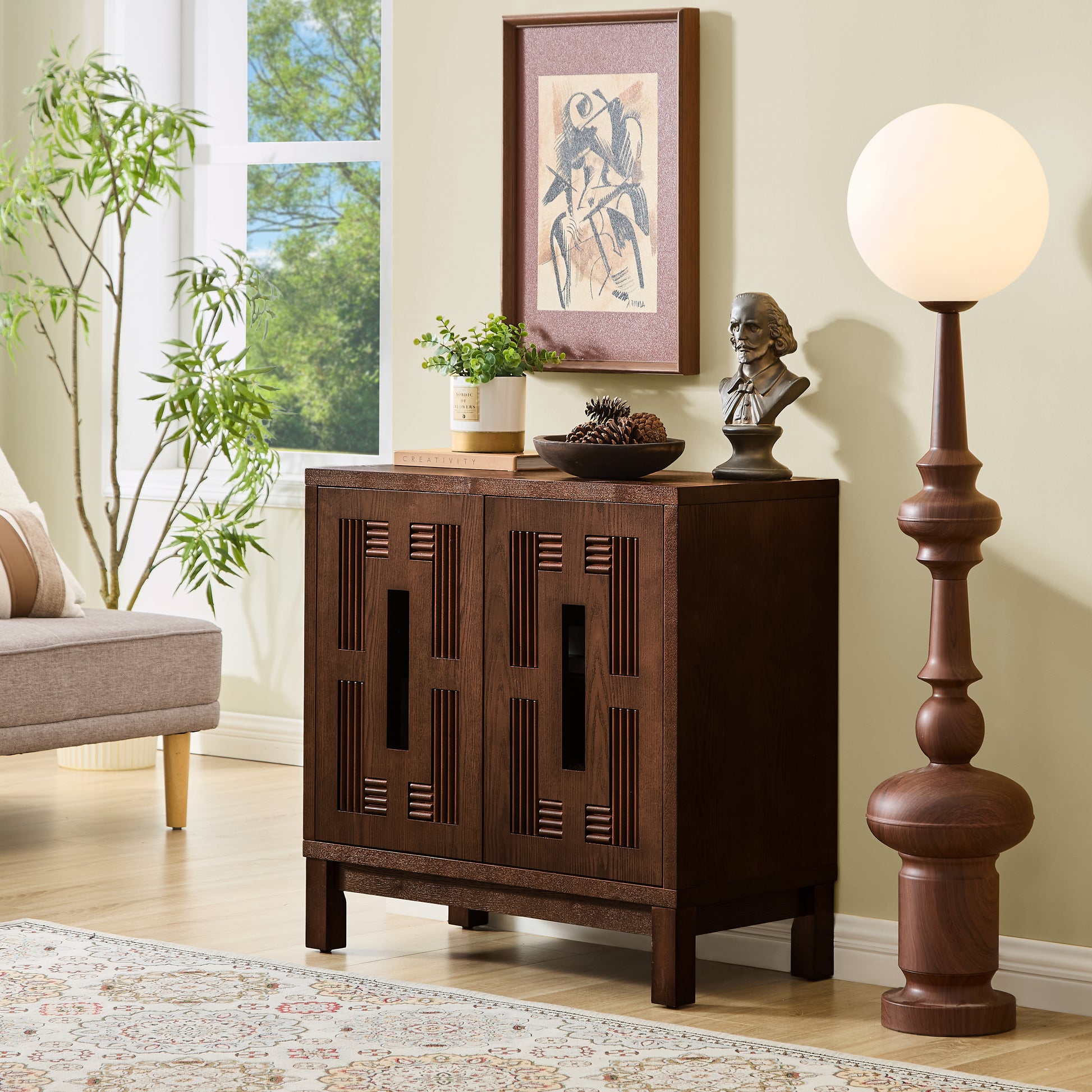 31.5" Mid Century Modern Sideboard Buffet Cabinet with Storage, Carved Openwork Design Display Cabinets, Storage Cabinet with 2 Doors & Adjustable Shelf for Kitchen Dining Living Room Entryway Hallway image 2