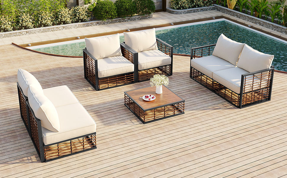 TOPMAX Modern Minimalist 7-Piece Metal Patio Sectional Sofa Set, All-Weather Garden Conversational Furniture Set with Thick Cushions and Coffee Table for Indoor Outdoor, Dark Grey image 7