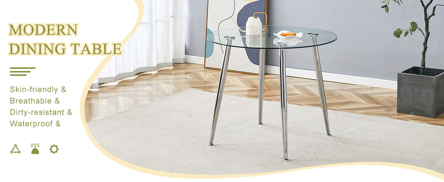 Round dining table with glass top, silver metal legs, exquisite life, starting from the details, the silver legs show an extraordinary texture, which is the finishing touch to your home image 11