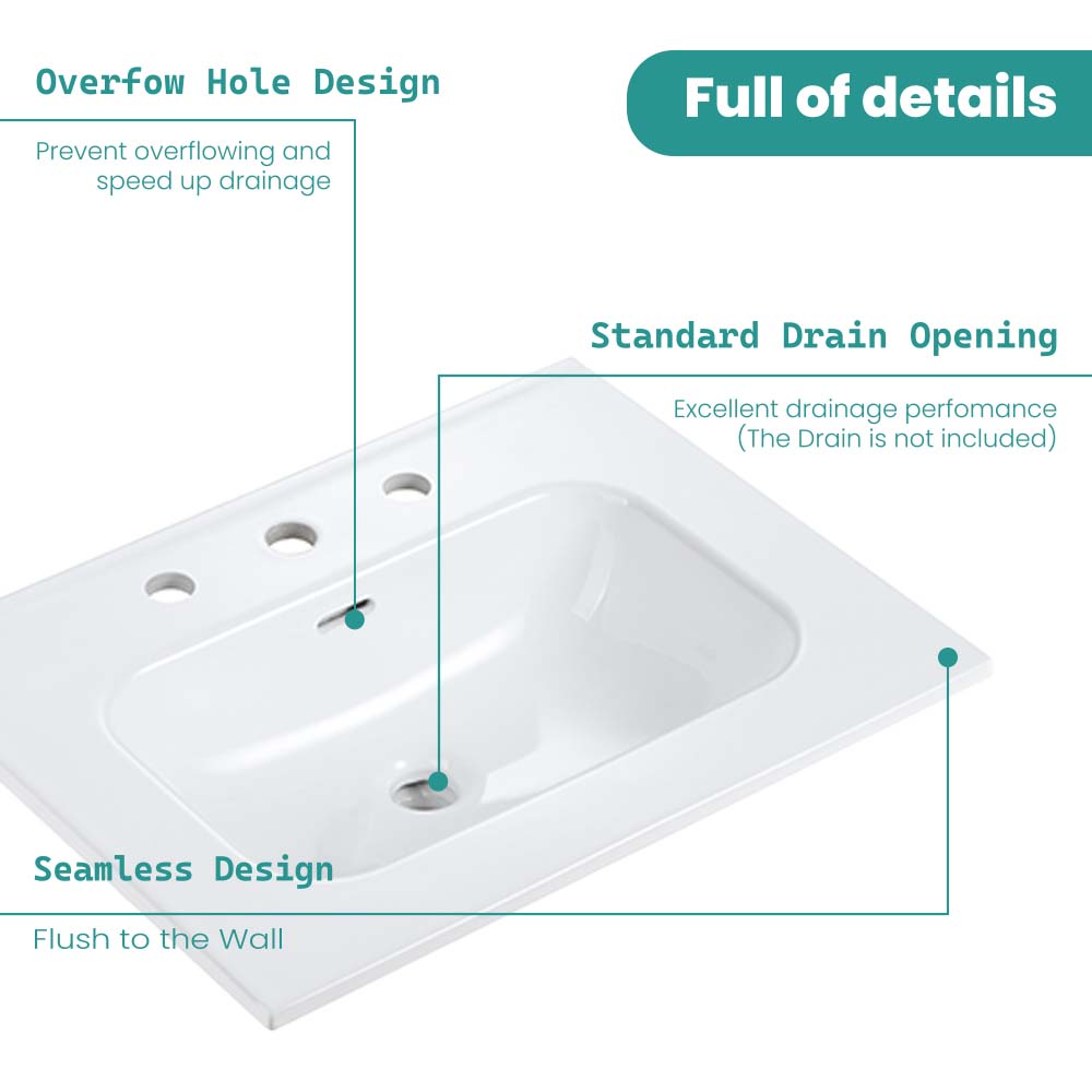 BB0924Y331, Integrated white ceramic basin with three predrilled faucet holes, drain assembly NOT included image 6