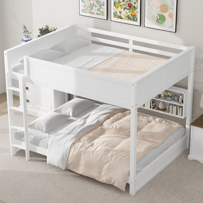 Queen over Queen Bunk Bed with Storage Cabinets and USB Ports, White image 2