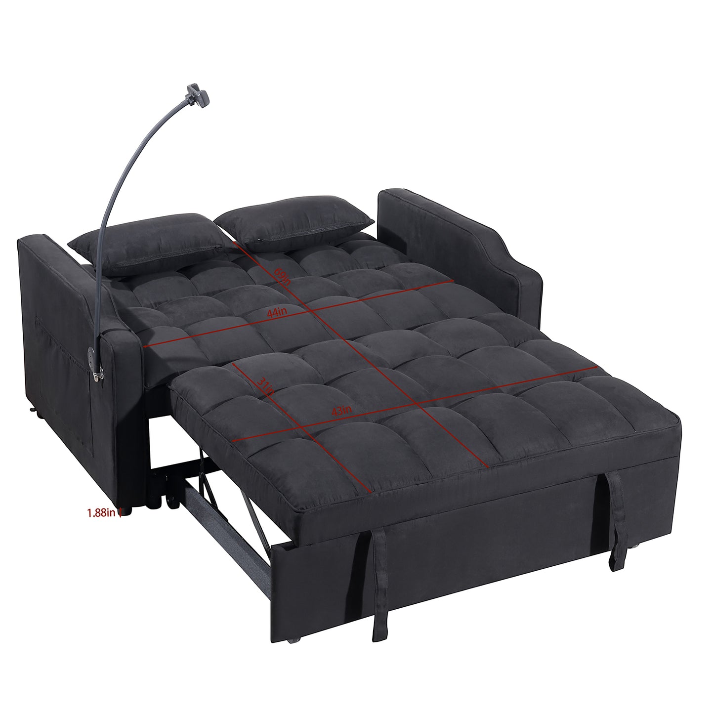 1 multifunctional foldable sofa bed with 3 different lengths, modern sofa, upgraded suede fabric, adjustable backrest, Black color with USB port and rotating telephone stand image 8