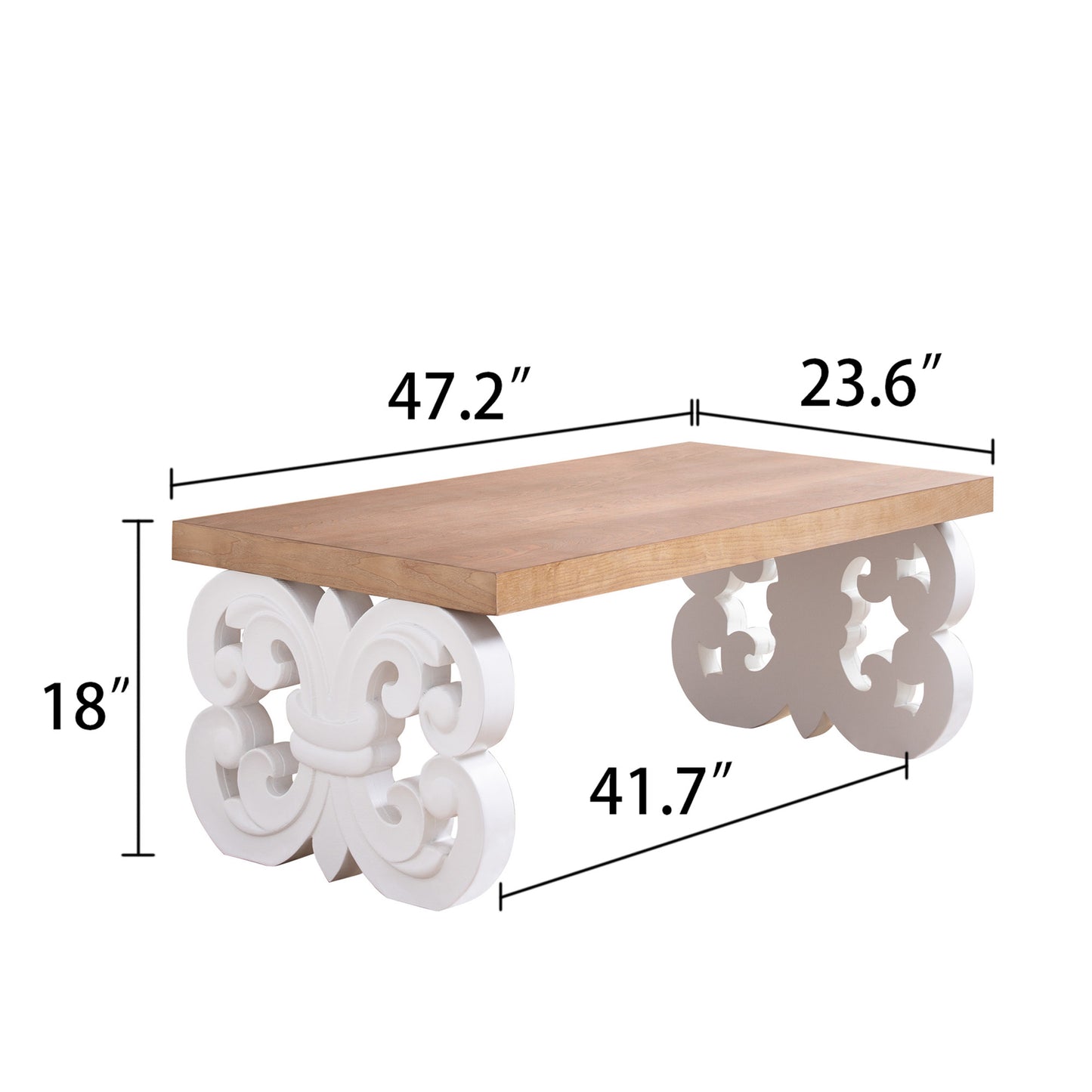 Ornate Wood Coffee Table – 47" Rectangular Farmhouse Style Table with White Carved Base and Natural Wood Top – Living Room Accent Table – Elegant Centerpiece for Modern or Traditional Decor image 6