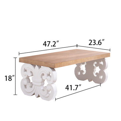 Ornate Wood Coffee Table – 47" Rectangular Farmhouse Style Table with White Carved Base and Natural Wood Top – Living Room Accent Table – Elegant Centerpiece for Modern or Traditional Decor image 6