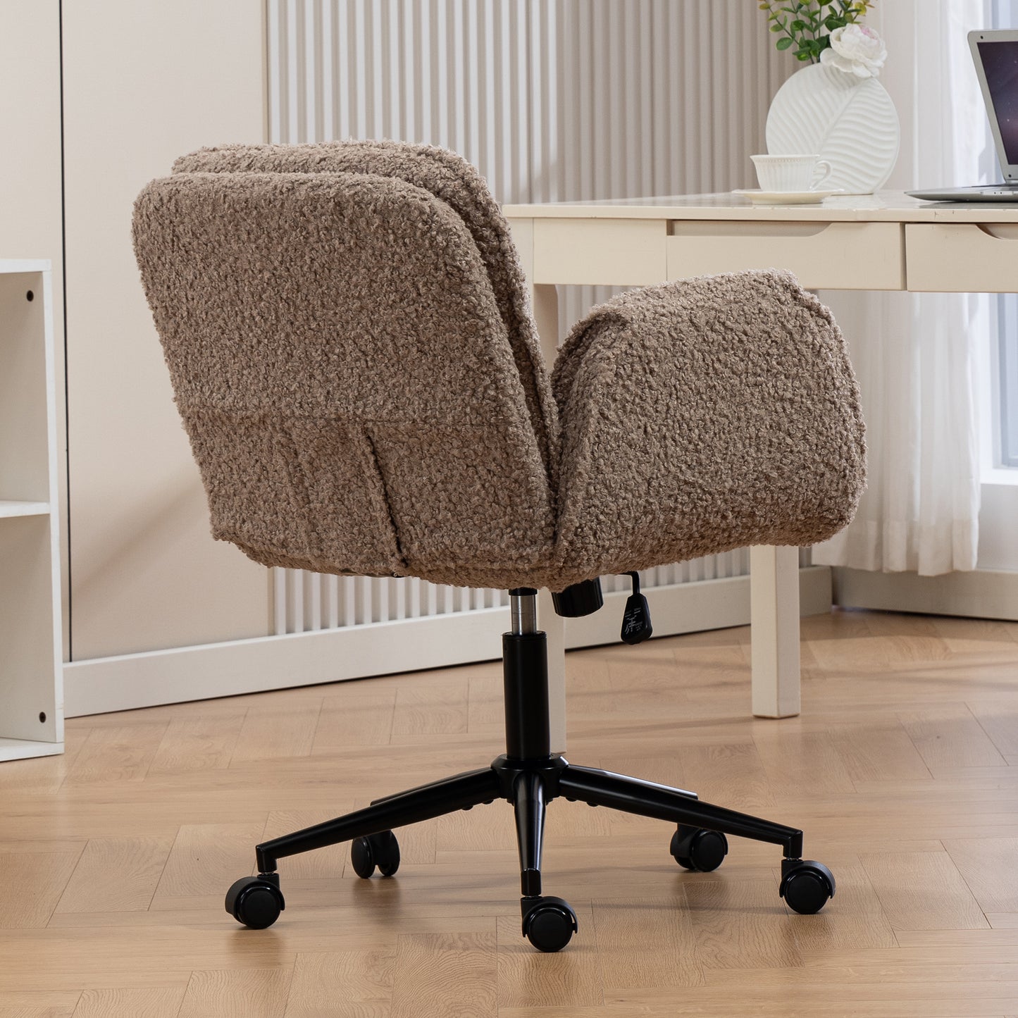 Criss Cross Chair with 5-Gear Adjustable Armrests & Wheels, Ergonomic Thickened Backrest Swivel Desk Chair for Home Office, Vanity, Bedroom and Living Room,brown Teddy fleece image 10