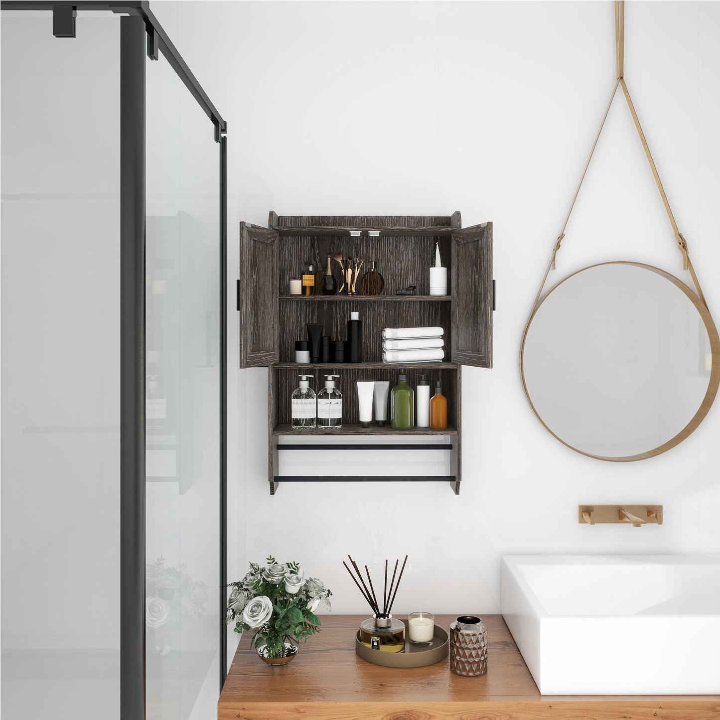 Bathroom Wall Cabinet with Doors,Adjustable Shelf,Towel Bar and Paper Holder, Over The Toilet Storage Cabinet, Medicine Cabinet for Bathroom-Grey image 4