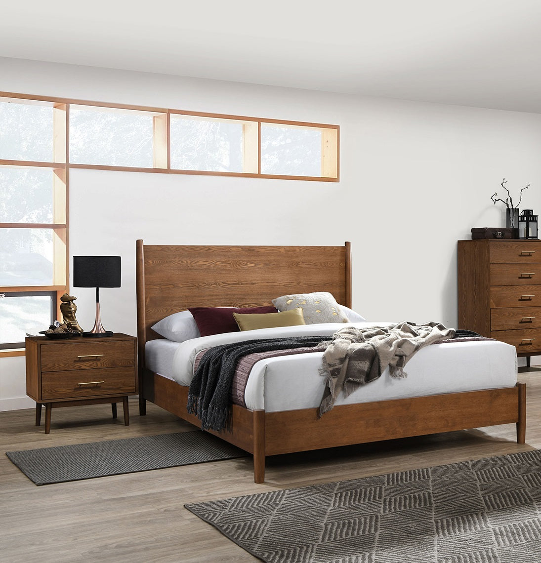 Walnut Color Panel Headboard 3pc Bedroom Set Queen Size Bed 2x Nightstands Wooden Mid-Century Modern Style image 1