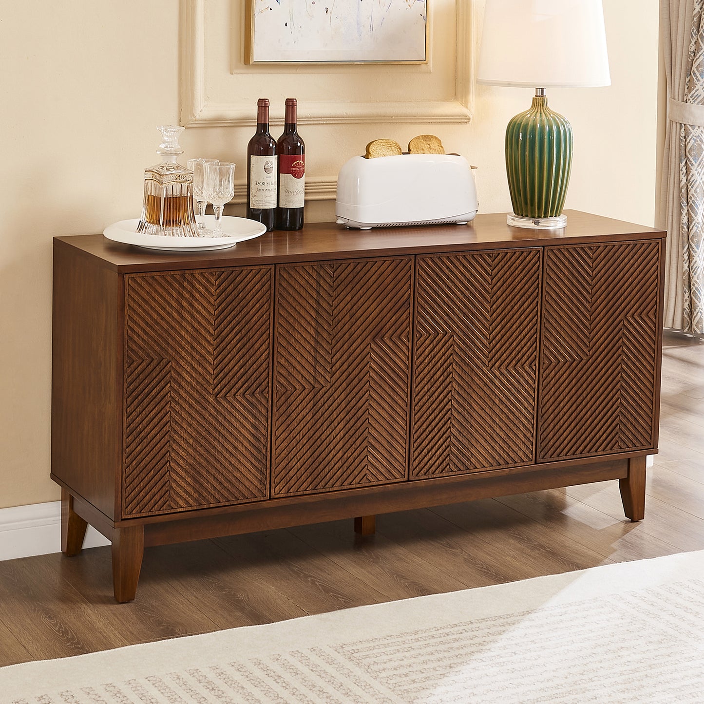 56" Mid Century Modern TV Stand, Wood Storage Cabinet with Carved Geometric Doors, 4 Door Media Console, Sideboard Buffet Cabinet for Living Room, Dining Room, Entryway image 1