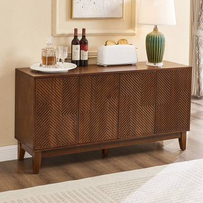 56" Mid Century Modern TV Stand, Wood Storage Cabinet with Carved Geometric Doors, 4 Door Media Console, Sideboard Buffet Cabinet for Living Room, Dining Room, Entryway image 1
