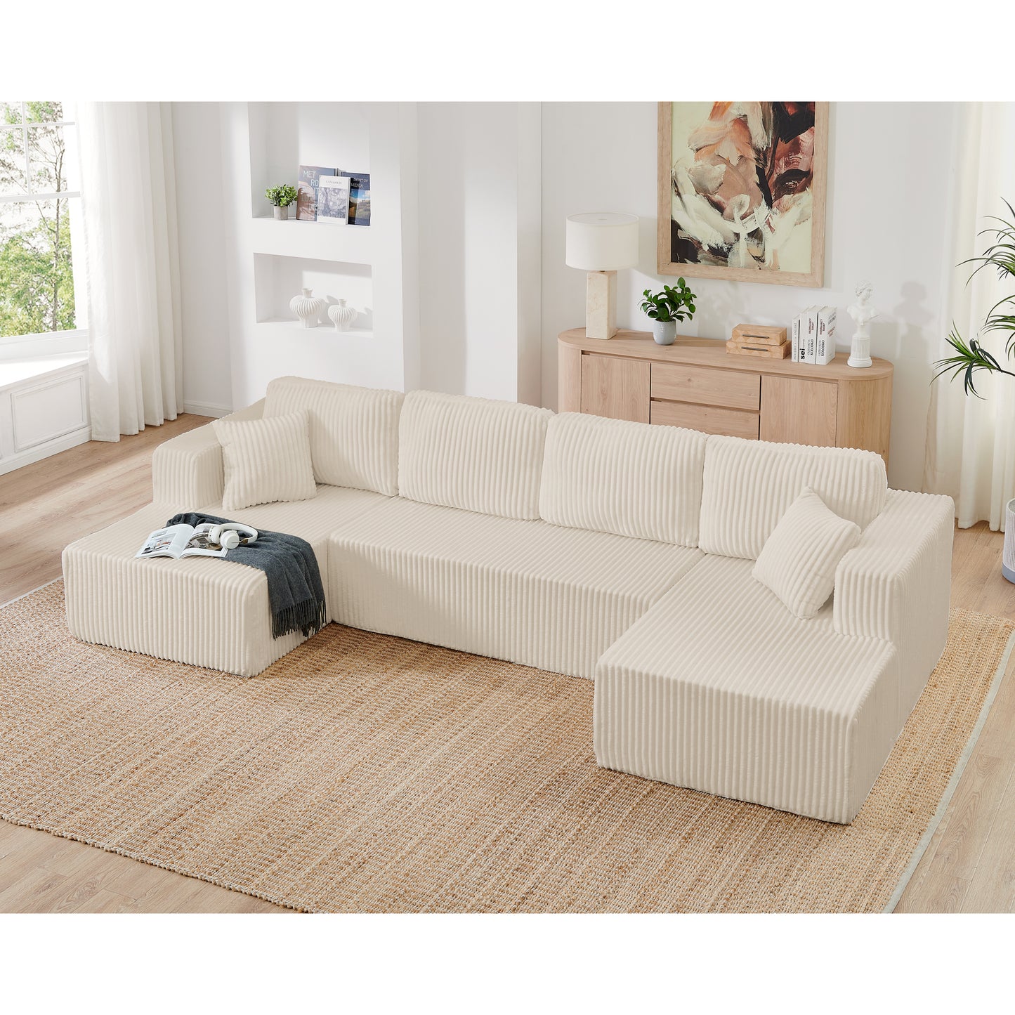 U shape Modular Sectional Sofa, Compressed Sectional Sofa Modern Minimalist Style Corduroy Couch, Sleeper Sofa for Living Room, Bedroom, Comfy Compressed Sofa Couch Space-Efficient Design-beige image 2