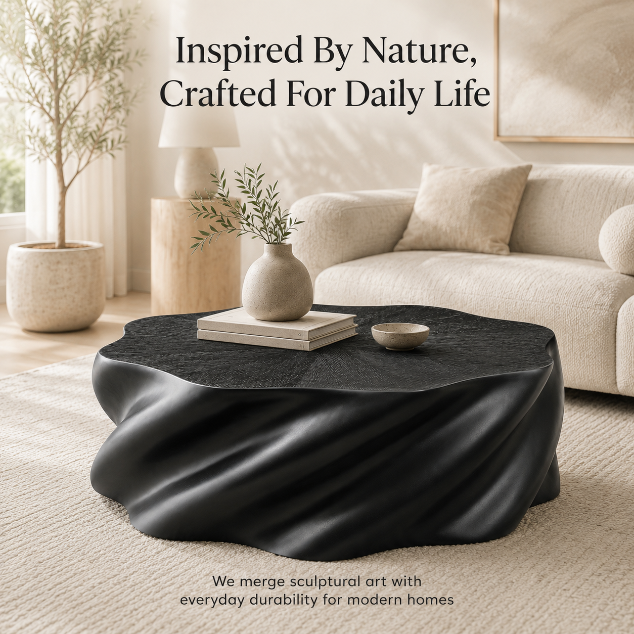 35" Fully Assembled Petal Coffee Table – Sculptural Matte Black Fiberglass, Modern Organic Design, No Assembly, Multi-Scene Center Table image 2