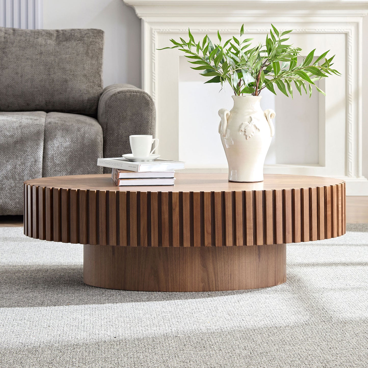 Modern Handcraft Drum Coffee Table Length 43.7 inch Ellipse Coffee Table for Living Room,Oval Small Coffee Table with Sturdy Pedestal,Walnut MDF,W2582P251185 image 4