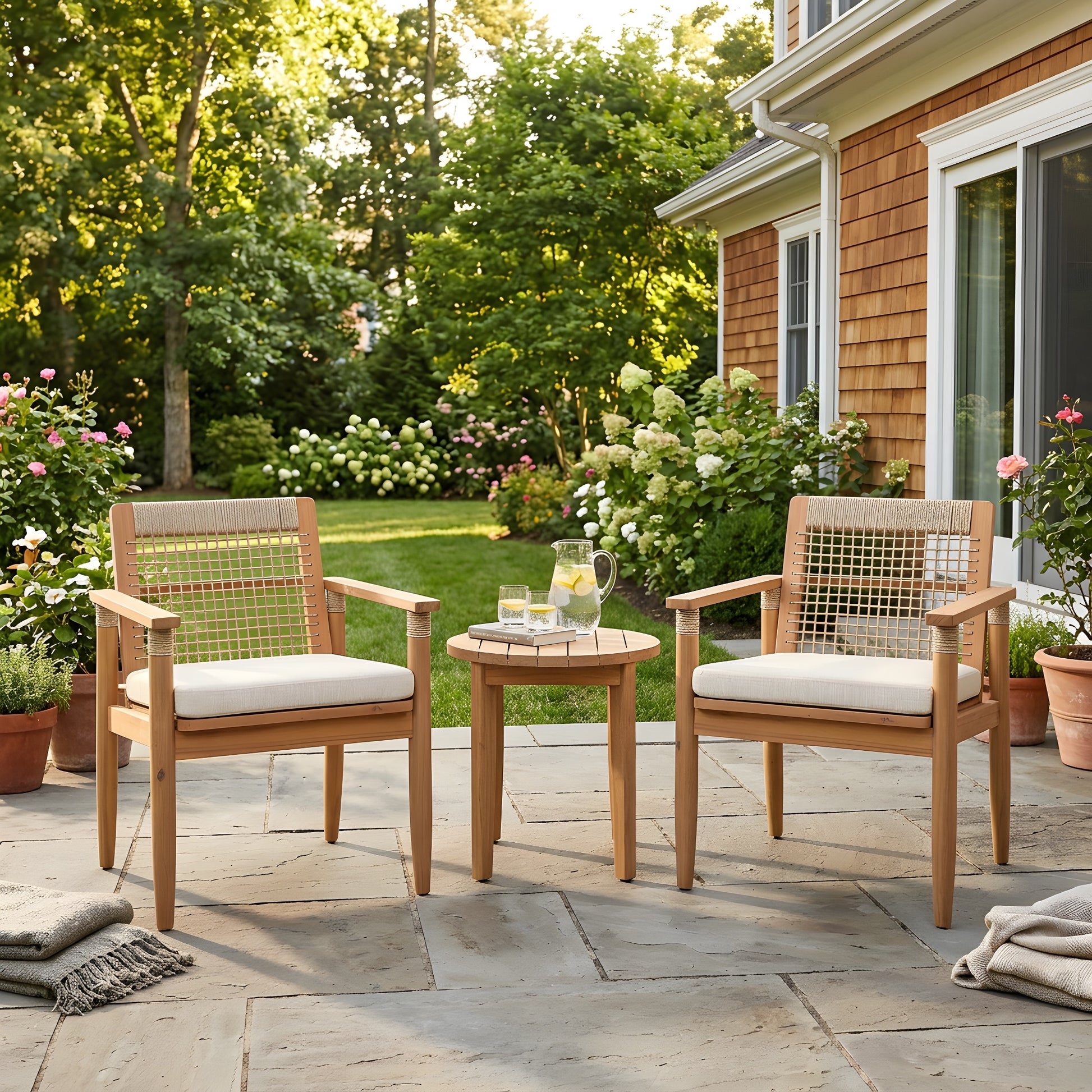 Outdoor Dining Chairs Set of 2, Acacia Wood Patio Armchair with Multi Brown Rope Design Back and Arms and Beige Washable Cushion,for Backyard, Poolside, Garden,Light teak image 1