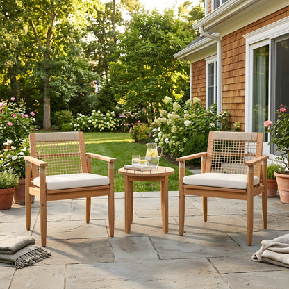 Outdoor Dining Chairs Set of 2, Acacia Wood Patio Armchair with Multi Brown Rope Design Back and Arms and Beige Washable Cushion,for Backyard, Poolside, Garden,Light teak image 1
