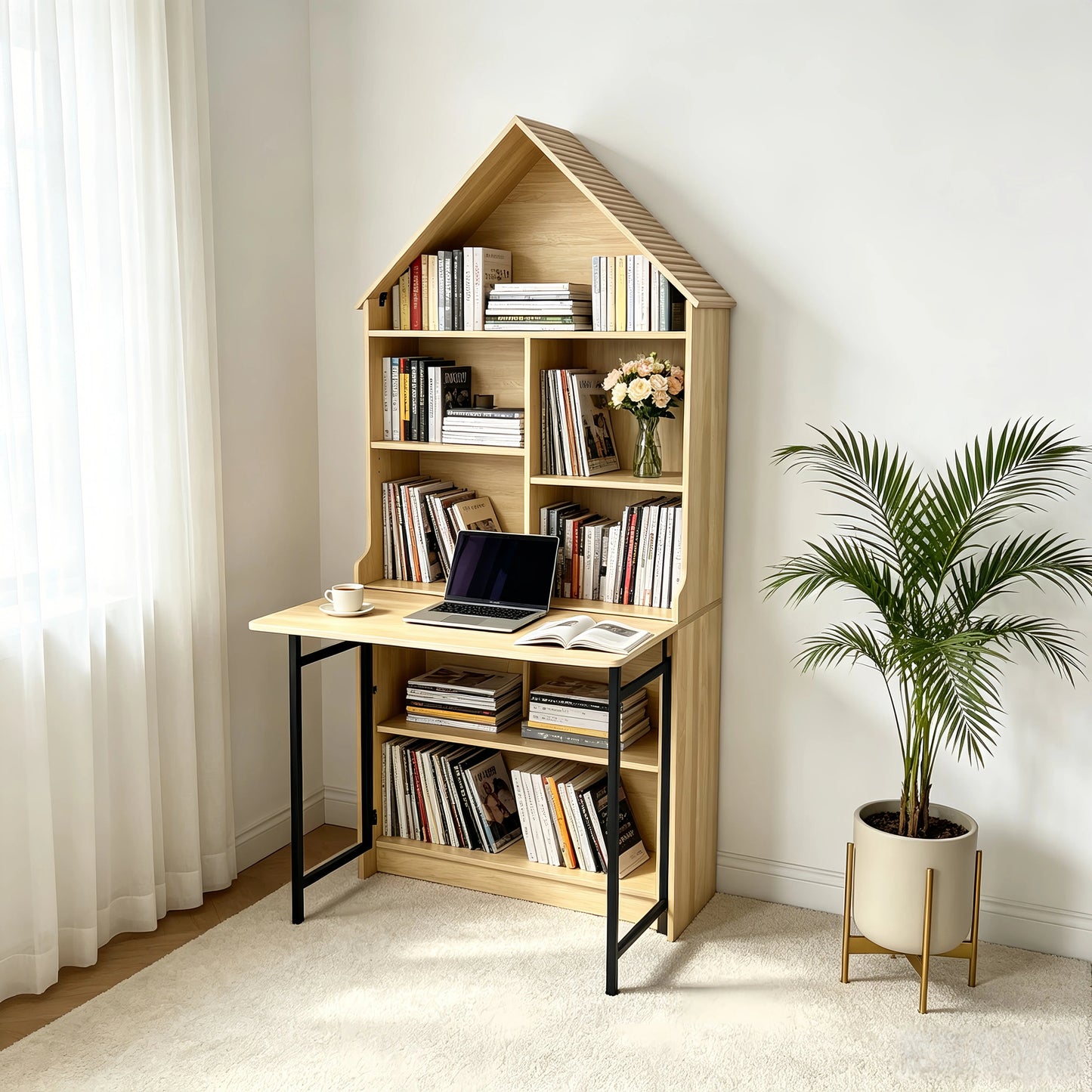 Folding Craft Desk with Storage Shelves, Convertible Hideaway Desk to Bookshelf, Foldable Desk with Storage, Disappearing Desk for Small Spaces, Multifunctional Converted Craft Table, Vanity Desk image 6