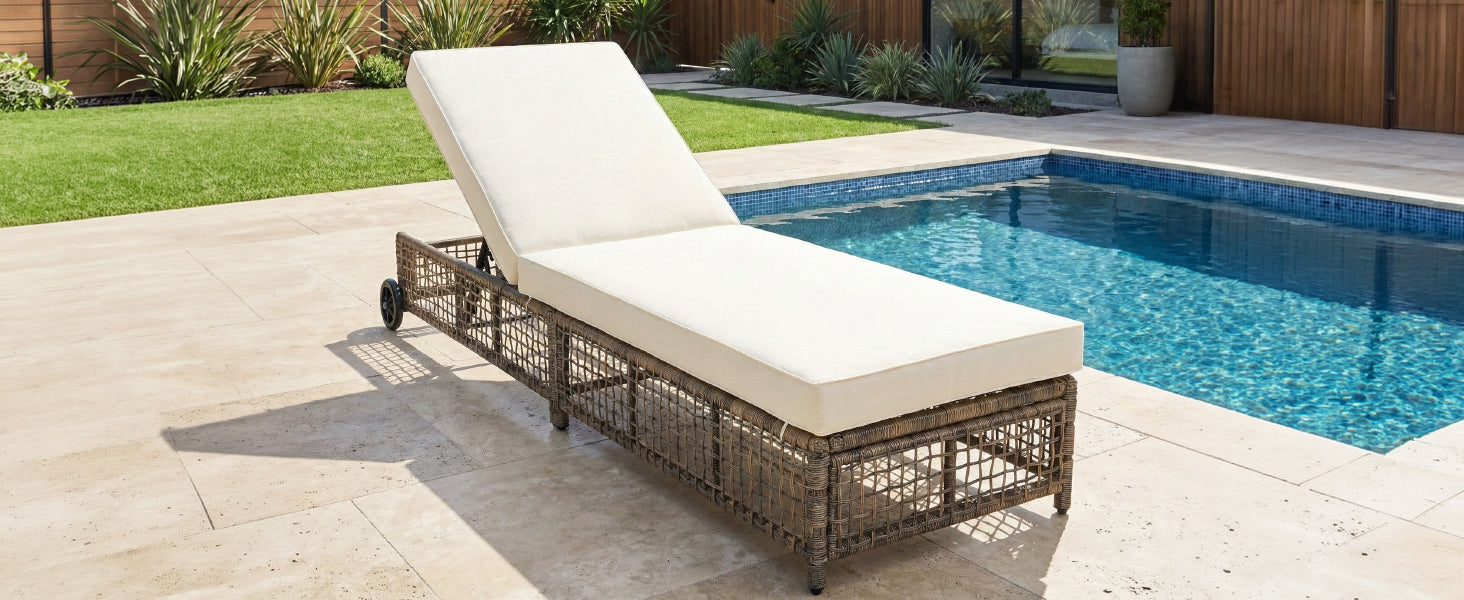 TREXM Outdoor Lounge Chair, Patio Chaise Lounge with 5-Position Backrest, Rattan Outdoor Lounge Chair with Cushion and Wheels for Poolside, Backyard, Garden (Beige Cushion+Grey Brown) image 4