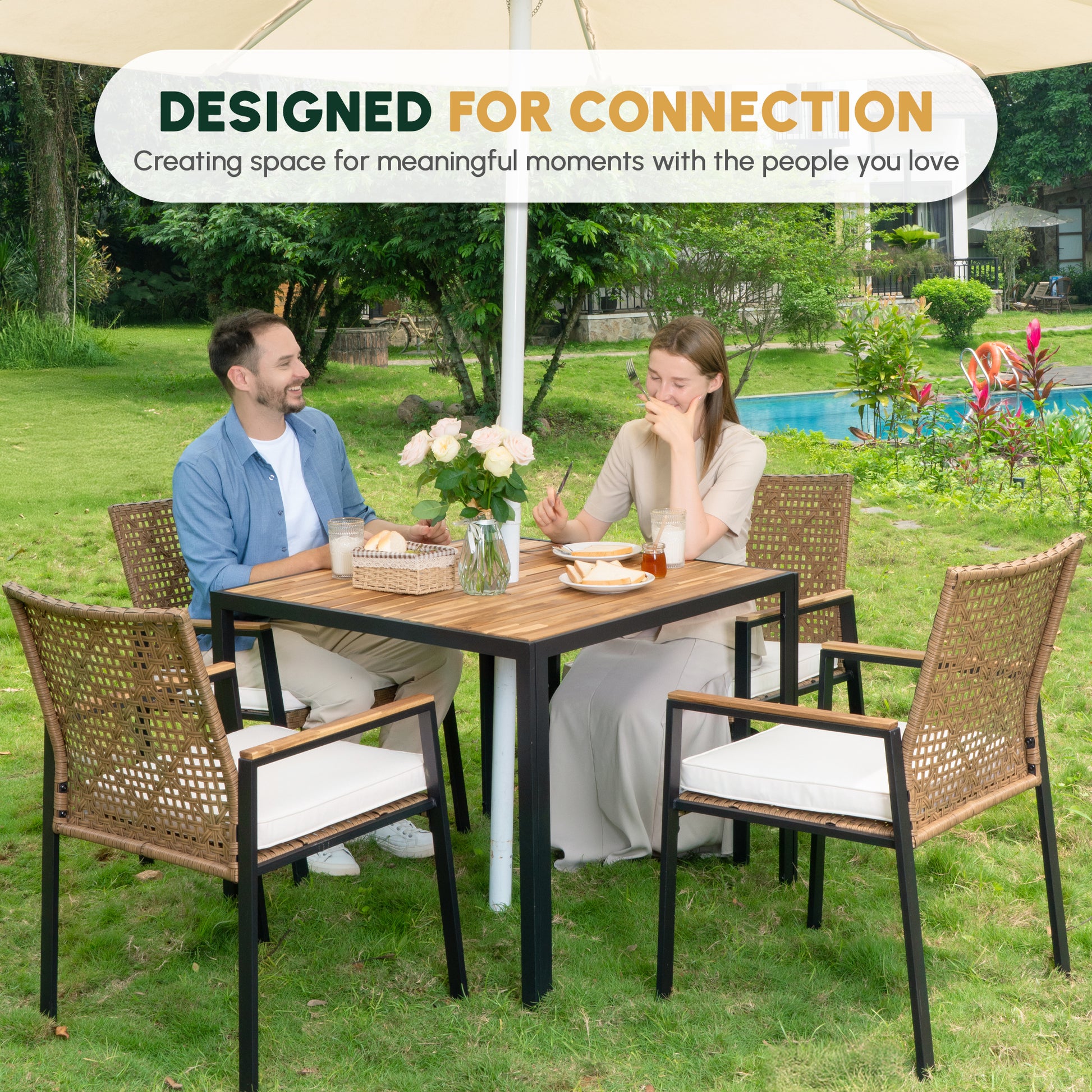 All Weather 5-Piece Patio Dining Table Sets, Patio Conversation Set Acacia Wood Table Top with Umbrella Hole, Rattan Outdoor, Yellow Color image 7