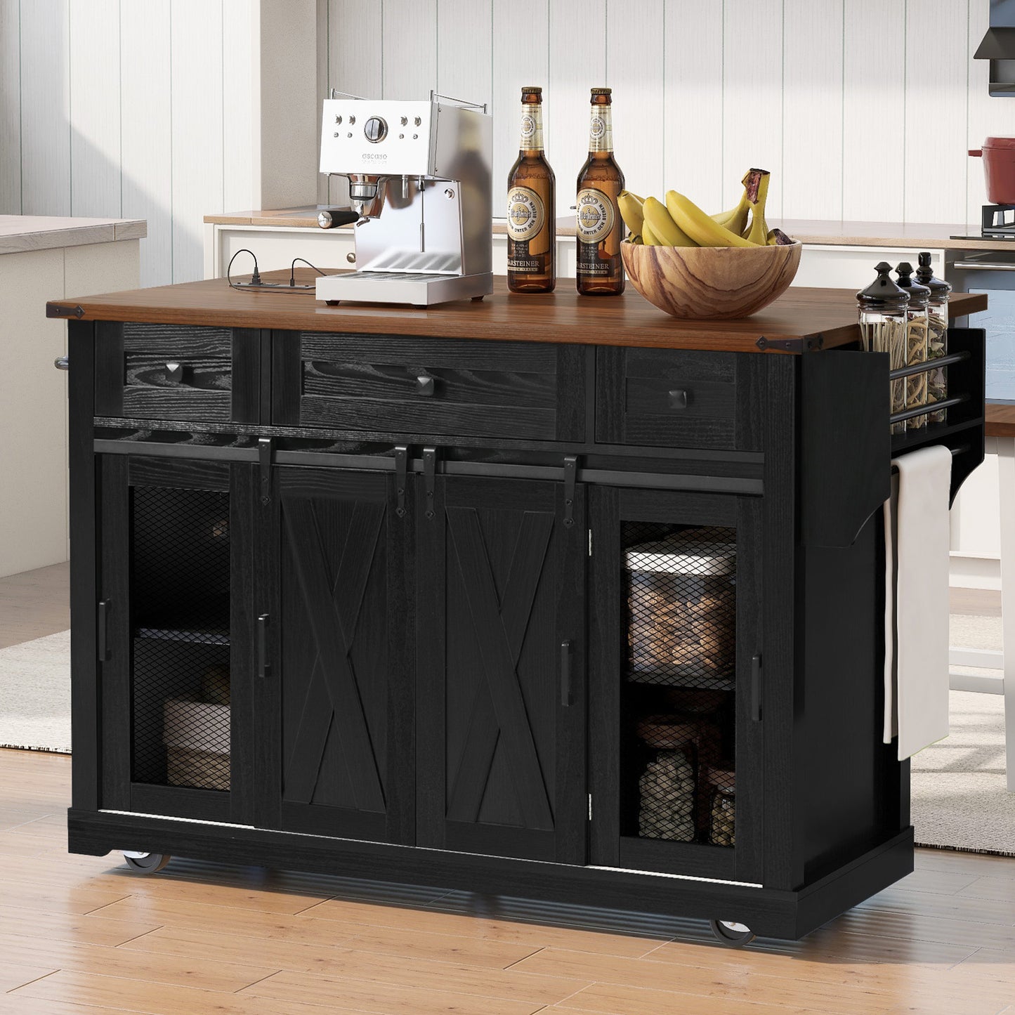 K&K 58" Farmhouse Kitchen Island with Storage, Sliding Barn Door & Metal Grid Side Door, Rolling Kitchen Island on 5 Wheels with Spice Rack, Glass Holders,Island Table with Drop Leaf for Kitchen,Black image 1