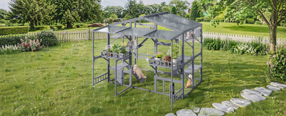 Large Outdoor Catio for 6-10 Cats, Pine Wood Cat Cage Outdoor with Weatherproof Roof, 6 Platforms, Climbing Ramp, 1 Resting Box and Cat Scratching Post, Outdoor Cat House with Storage Shelves, Grey image 11