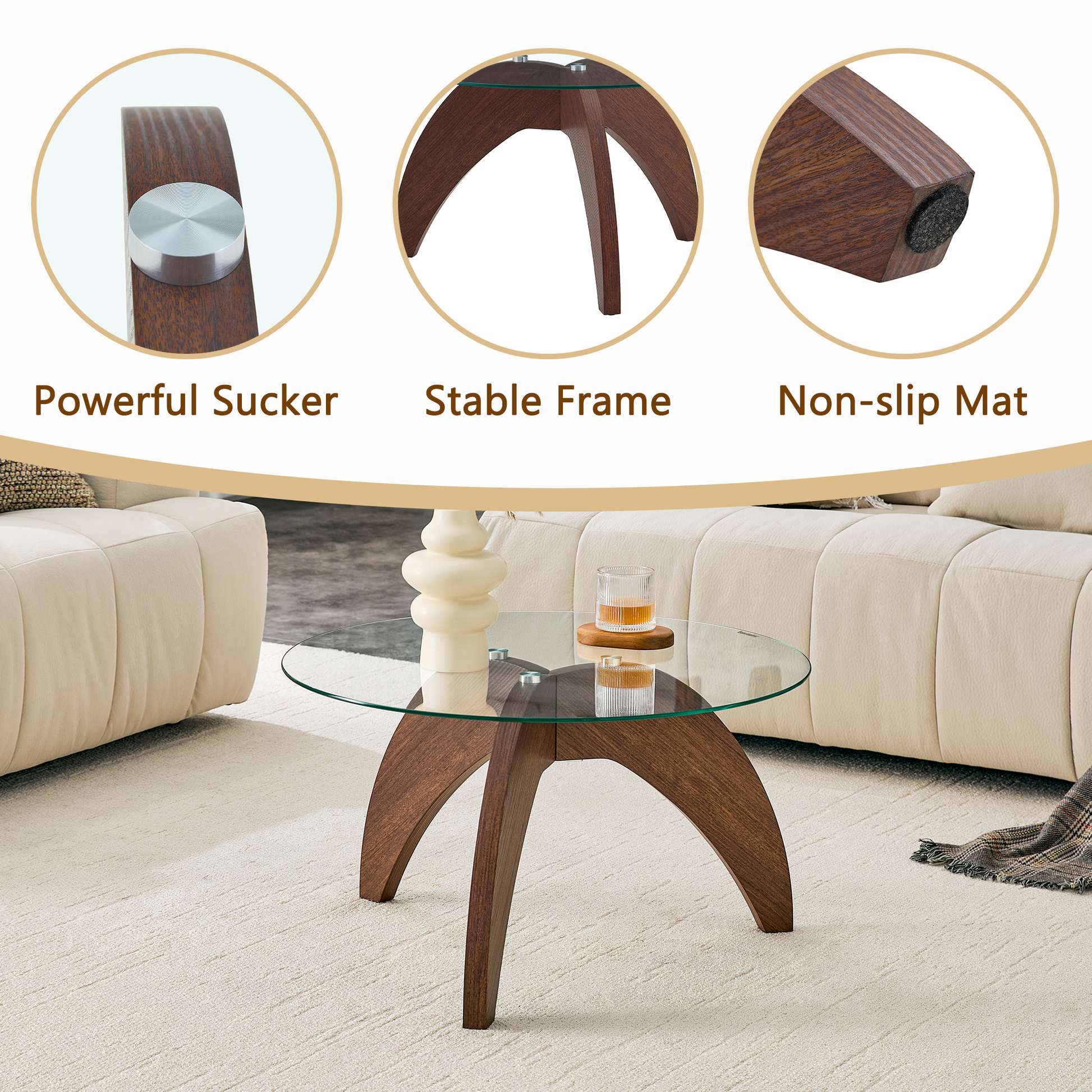 Creative claw-style triangular-leg round coffee table, approximately 27.5 inches in diameter, featuring a clear tempered glass top and walnut-colored MDF. Perfect as a living room coffee table,etc. image 7