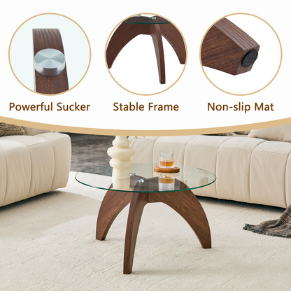 Creative claw-style triangular-leg round coffee table, approximately 27.5 inches in diameter, featuring a clear tempered glass top and walnut-colored MDF. Perfect as a living room coffee table,etc. image 7