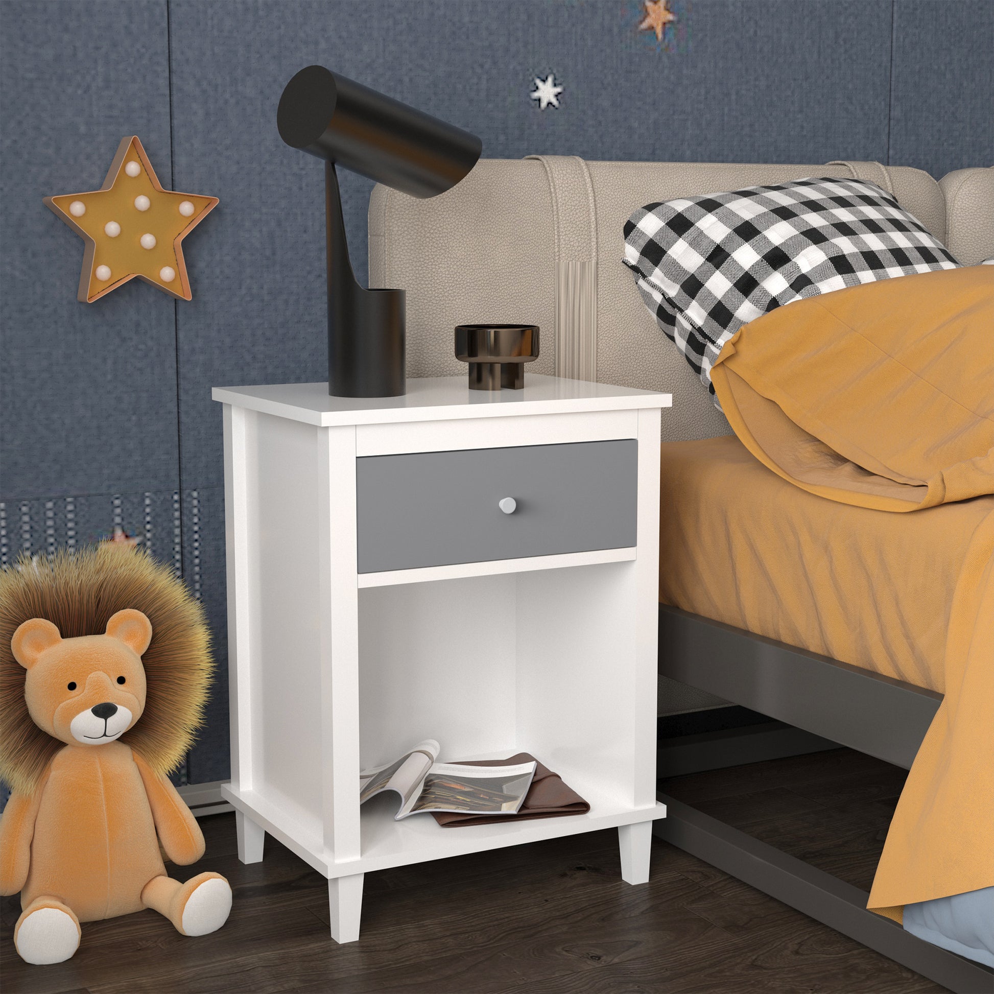 26.77''H Wooden Nightstand with One Drawer One Shelf for Kids, Adults,Gray+Silver handle image 2
