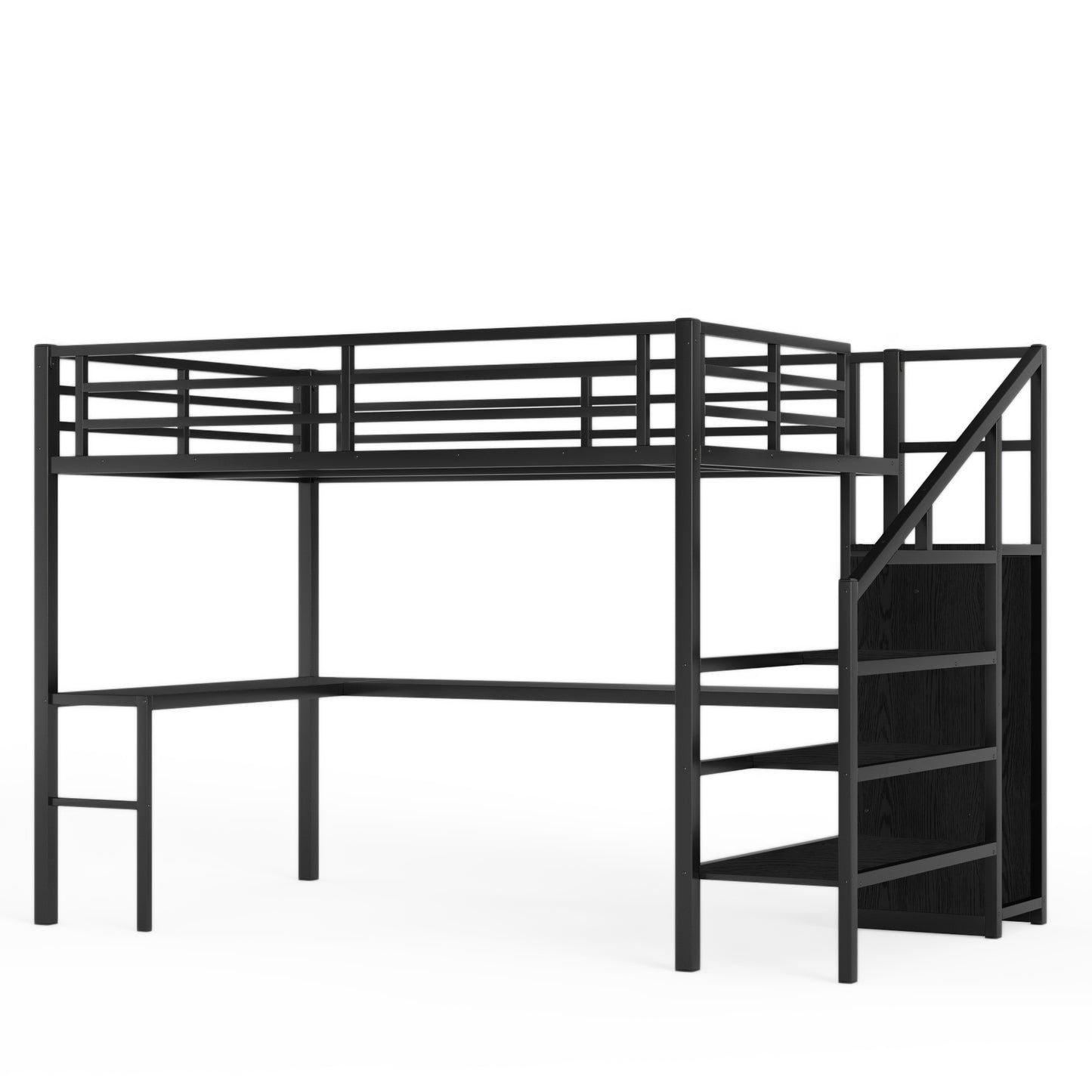 Full XL Size Loft Bed with L-shaped Desk and USB, Metal Loft Bed with Wardrobe and Adjustable Shelf, High Loft Bed with LED for Kids Teens Adults, Black image 9