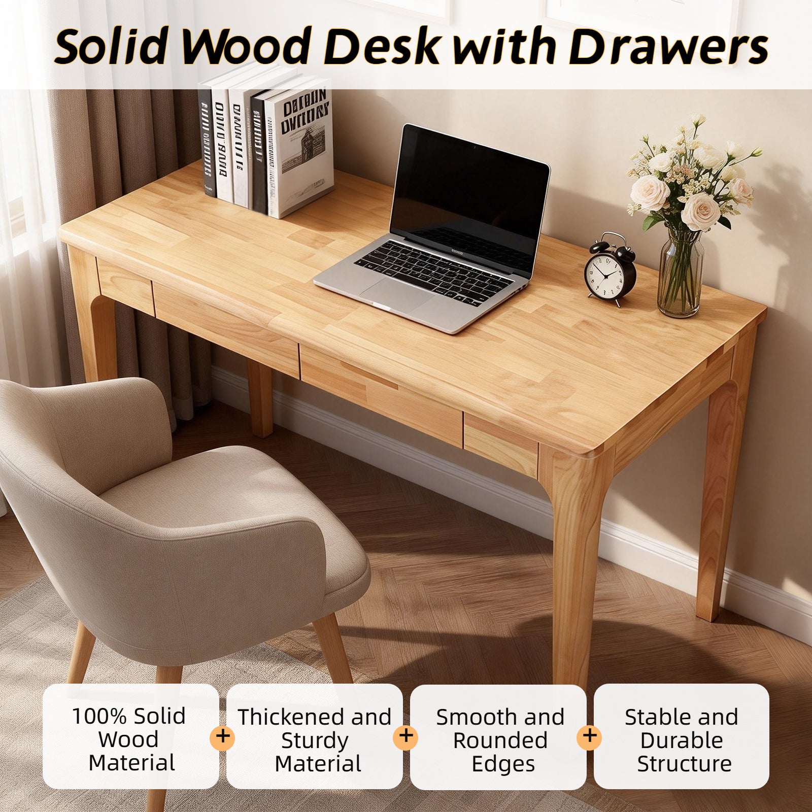 Solid Wood Desk with Drawers, Standing Desk with Smooth Edges, Home Office Desk for Small Spaces, Mid Century Modern Desk for Study, Bedroom, Living Room, Office, (Natural Wood Color) image 6