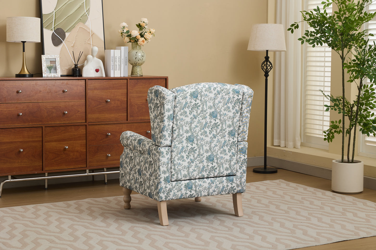 Modern Accent Chair with Retro Wood Legs, Comfy Upholstered Armchair, Floral Design Single Sofa Chair for Living Room Bedroom Office - Blue Bird image 3