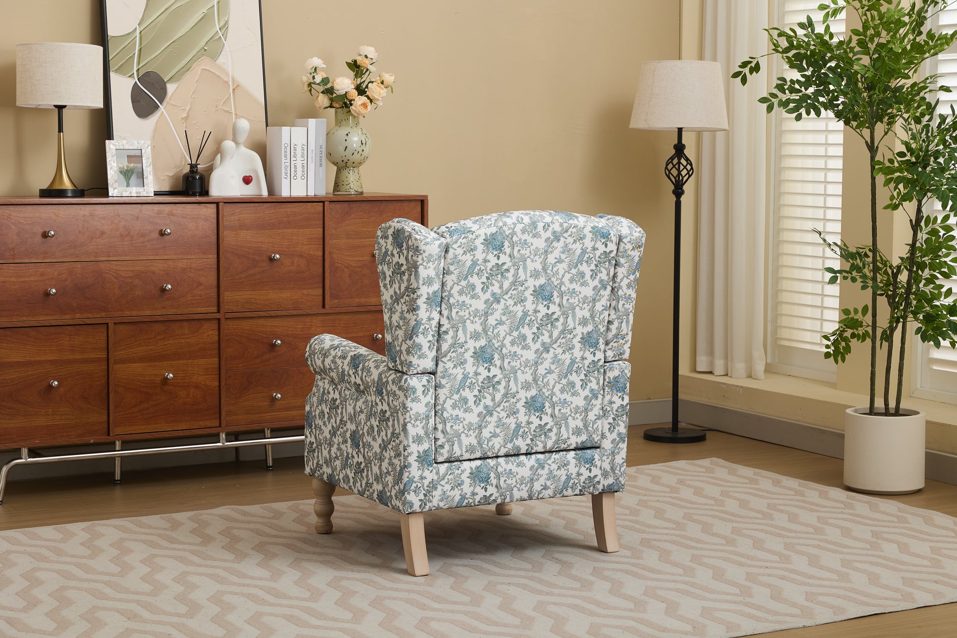 Modern Accent Chair with Retro Wood Legs, Comfy Upholstered Armchair, Floral Design Single Sofa Chair for Living Room Bedroom Office - Blue Bird image 3