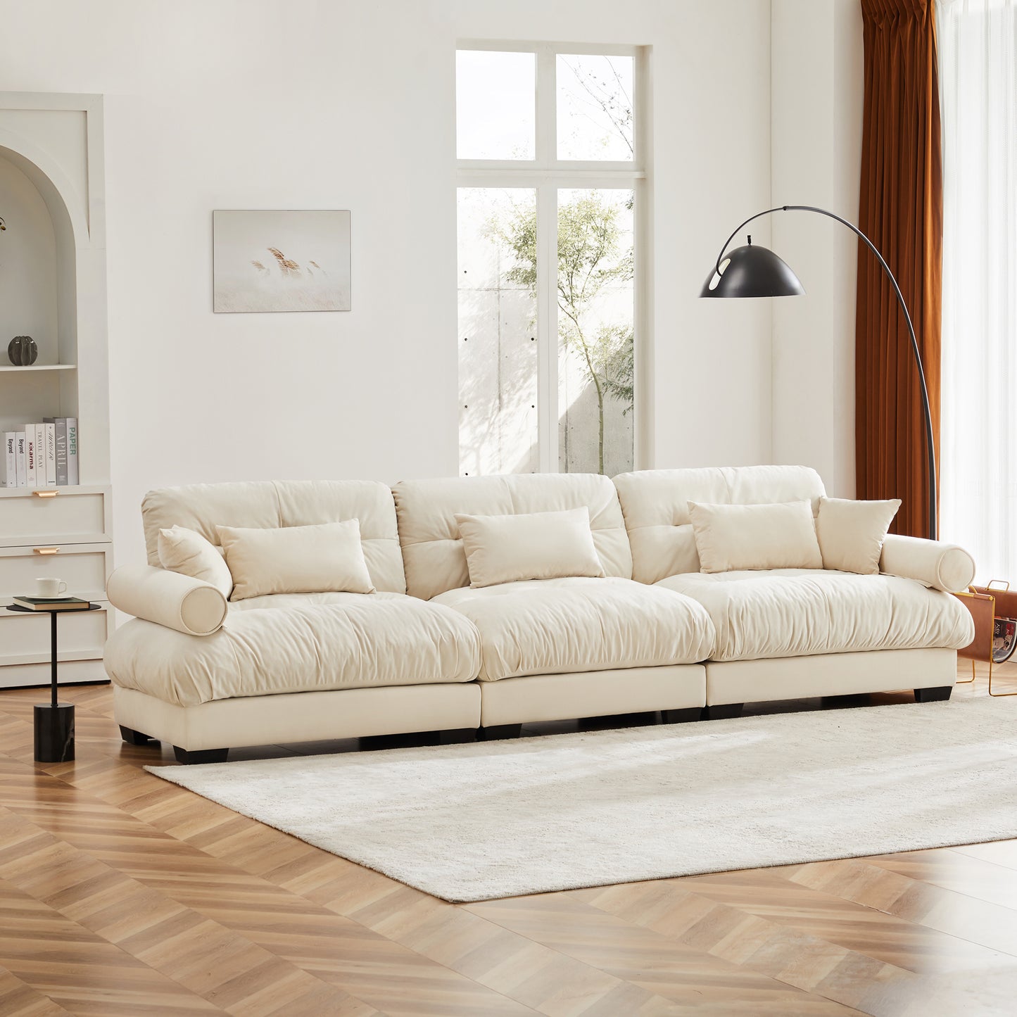 Extra Large 3 Seat Modern Velvet Sofa, Oversize Sofa, Clould Like Comfortable Seat and Back Support, With Waist Pillows and Throw Pillows, Cream image 2