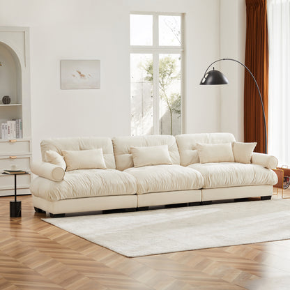 Extra Large 3 Seat Modern Velvet Sofa, Oversize Sofa, Clould Like Comfortable Seat and Back Support, With Waist Pillows and Throw Pillows, Cream image 2