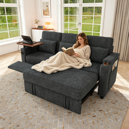 81-inch 3-in-1 foldable three-person sofa bed with a table board and USB ports, armrests with storage function. High-quality chenille three-person sofa. The sofa bed features adjustable backrest and p image 1